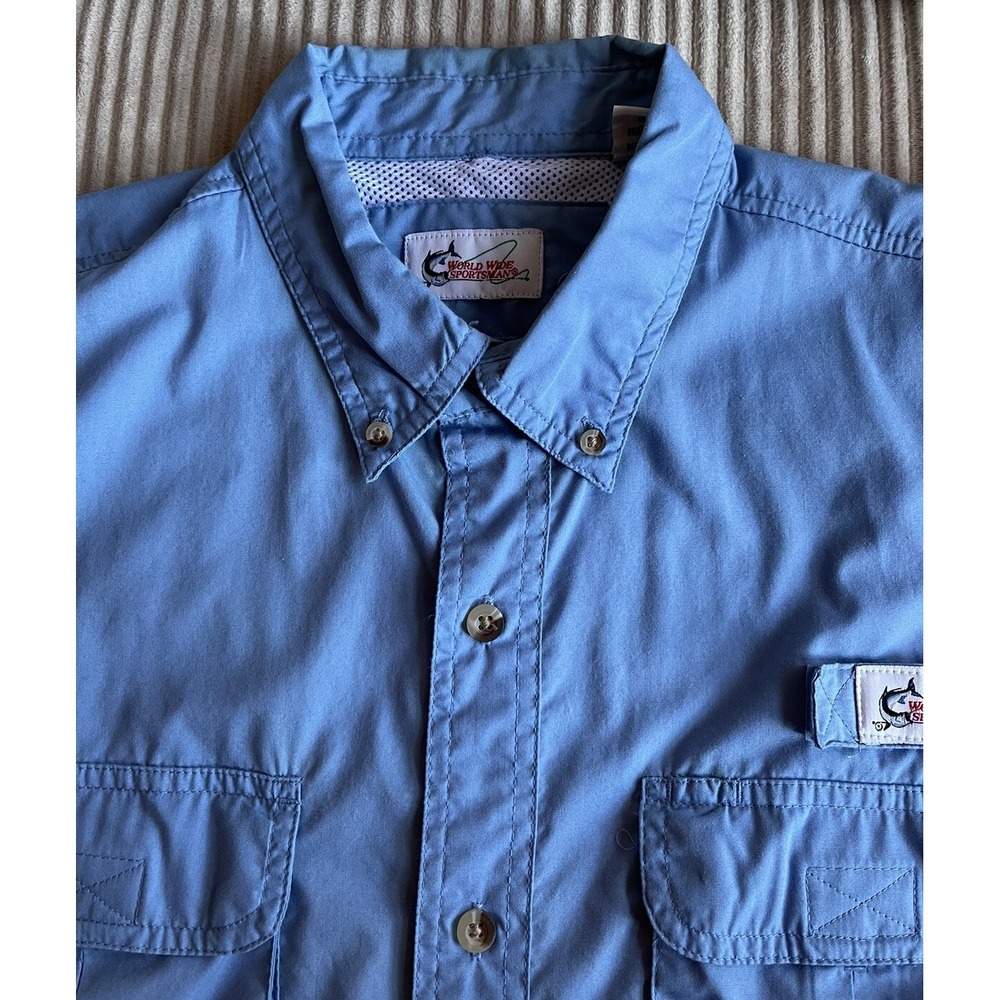 World Wide Sportsman Shirt Mens Large Blue Button Down Short Sleeve Fish Fishing